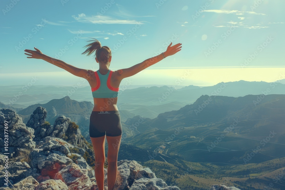 Empowered and free a woman embracing the horizon amidst nature's splendor Empowered and free a woman embracing the horizon amidst nature's splendor