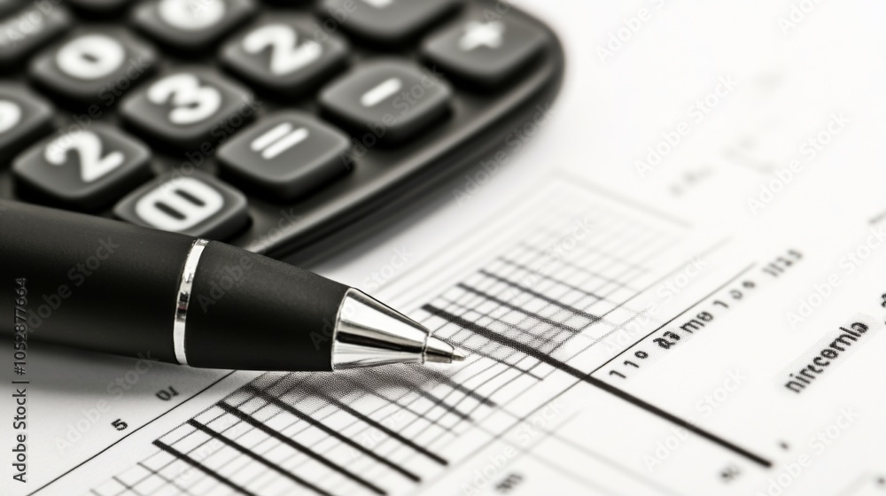 Office Supplies on a Desk with Calculator and Pen Office Supplies on a Desk with Calculator and Pen