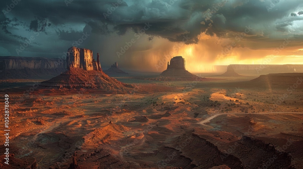 Naklejka premium Dramatic Sunset over Monument Valley with Stormy Clouds