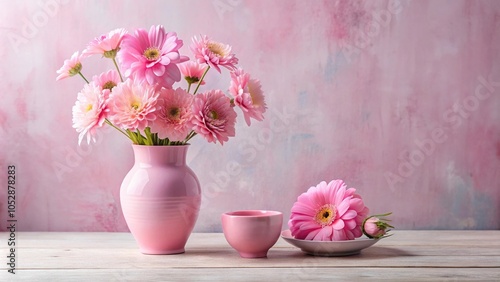 Pink vase with flowers and small bowl on a table