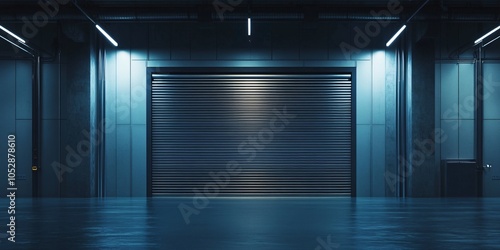 A modern industrial space featuring a large closed garage door with ambient lighting, showcasing a sleek and clean design, perfect for various applications.