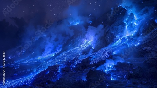 Blue Fire Volcano Eruption at Night with Stars and Smoke