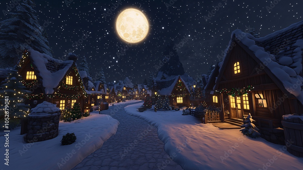 Fototapeta premium A serene winter village under a glowing moon, with snow-covered houses and twinkling lights creating a magical night scenery.