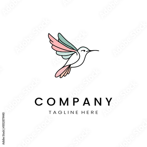 minimalistic and simple hummingbird vector line art with a bit of color, on a white background