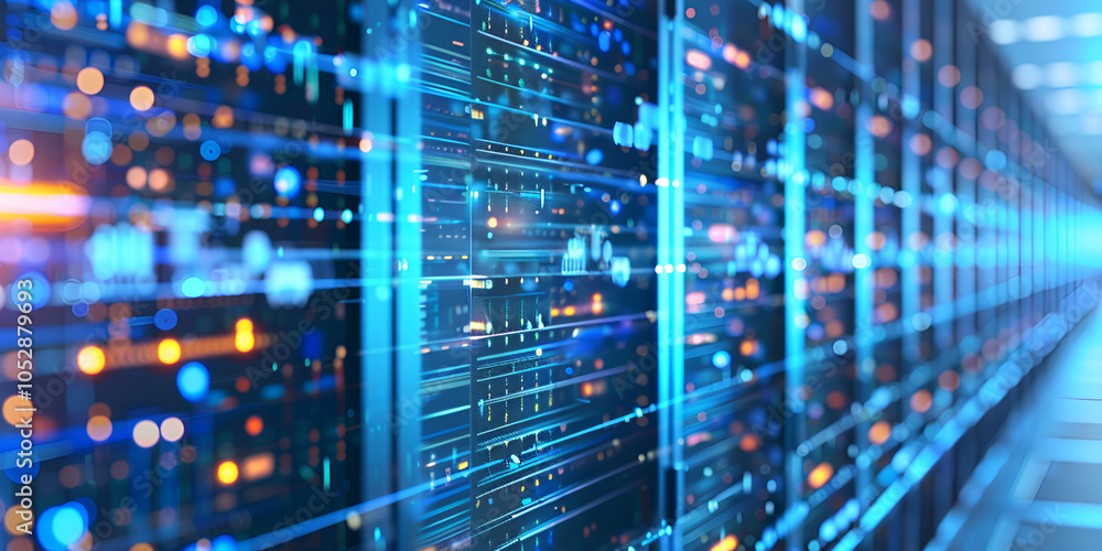 Blue Glowing Data Servers in Data Center, Blue Glowing Data Servers in Data Center,
