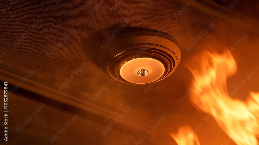 Close-up of a fire alarm mounted on the ceiling, with flames in the background, highlighting fire safety awareness. Close-up of a fire alarm mounted on the ceiling, with flames in the background, highlighting fire safety awareness.