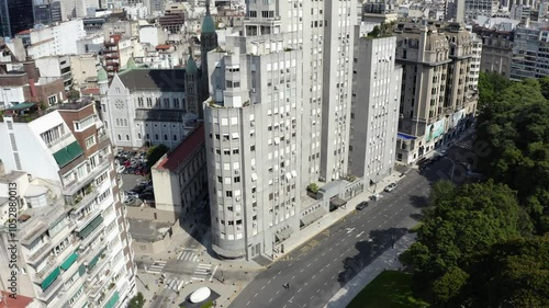 Aerial view of the Kavanagh Building,  a residential skyscraper in Retiro, Buenos Aires, Argentina. Designed in 1934 in Rationalism and Art Deco style.