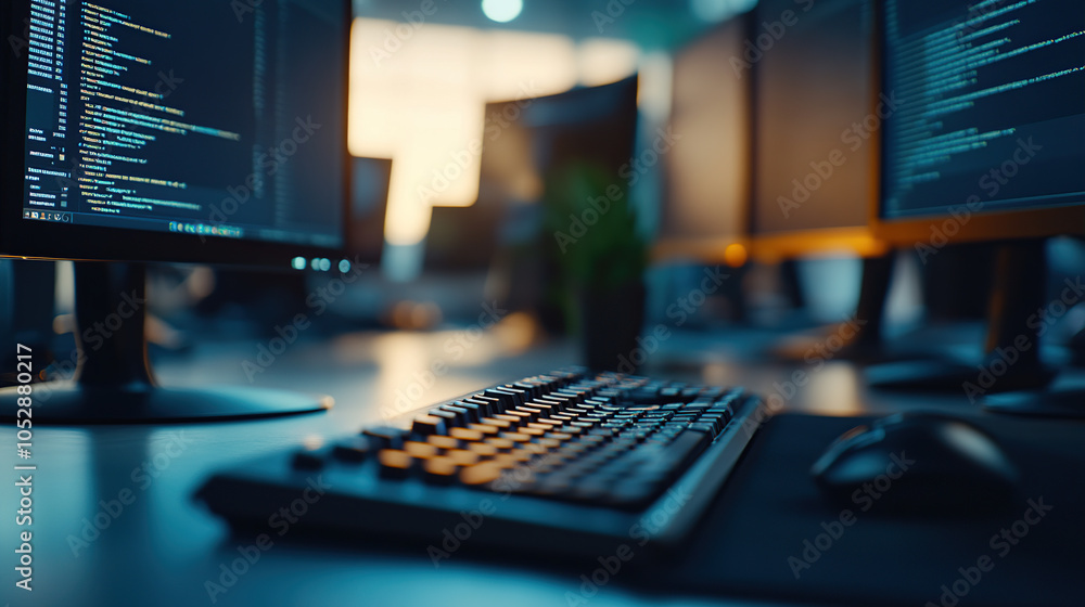 A close-up shot of the keyboard on an office desk, with focus and depth of field blur creating a cinematic feel A close-up shot of the keyboard on an office desk, with focus and depth of field blur creating a cinematic feel