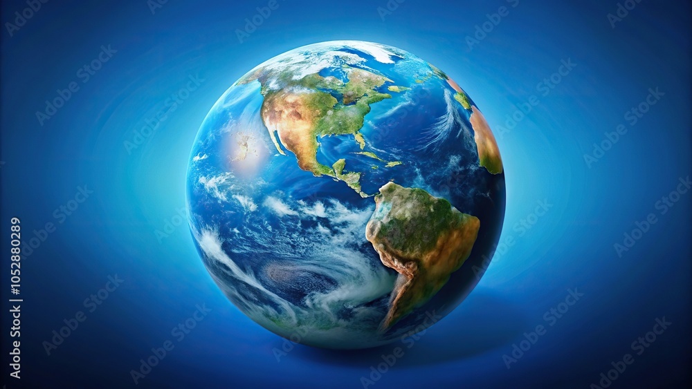 Fototapeta premium Planet Earth on a blue background with blurry lights, high angle