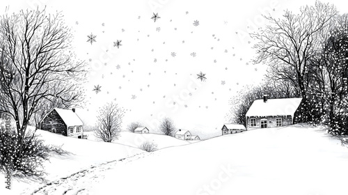 White background, black and white ink drawing of snowflakes falling on houses