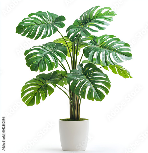 White pot with a monstera plant, white background photo