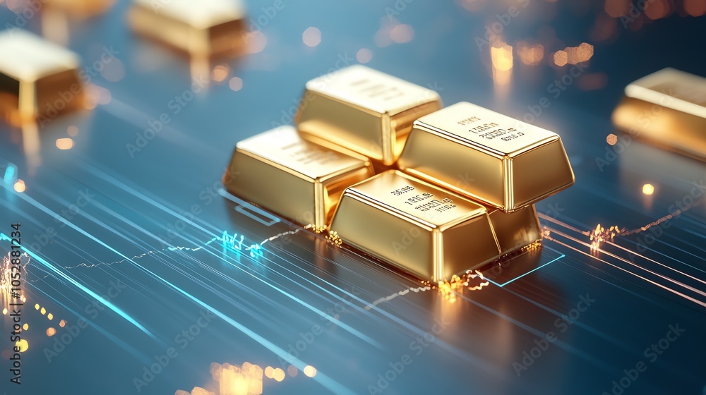 Abstract design with gold bars on a dark background with holographic trend lines, symbolizing the impact of market trends on gold Abstract design with gold bars on a dark background with holographic trend lines, symbolizing the impact of market trends on gold