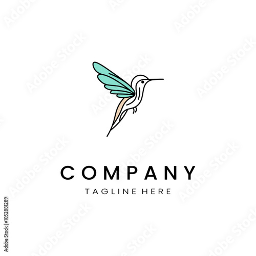 minimalistic and simple hummingbird vector line art with a bit of color, on a white background