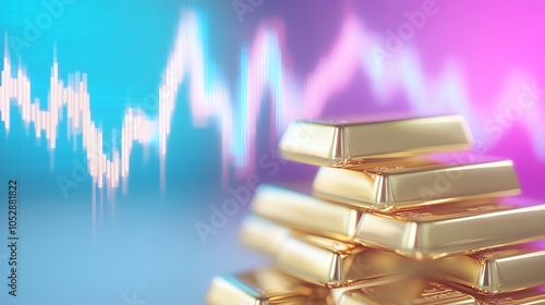 Stacked gold bars with digital trend graphs in holographic style, symbolizing forwardlooking analysis of gold market trends photo