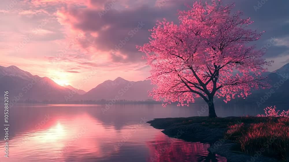 Serene Pink Cherry Blossom at Sunset over Tranquil Lake and Mountains Serene Pink Cherry Blossom at Sunset over Tranquil Lake and Mountains