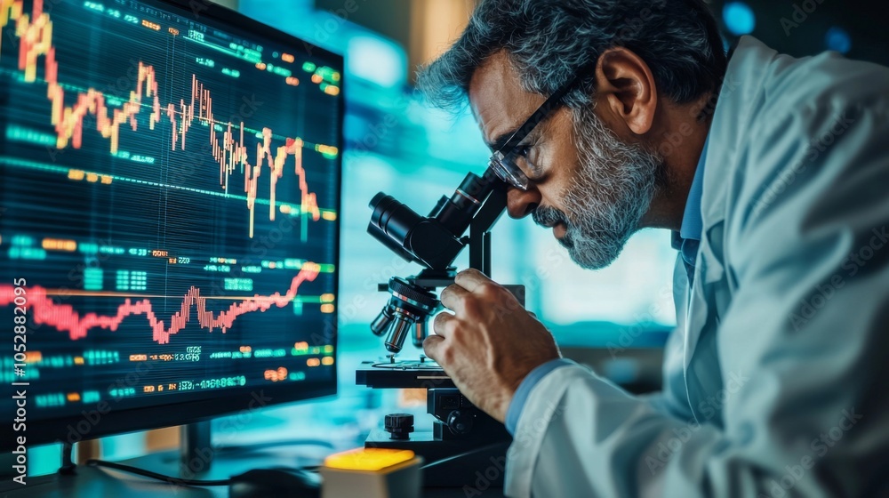 Investor using a microscope to analyze digital stock numbers Investor using a microscope to analyze digital stock numbers
