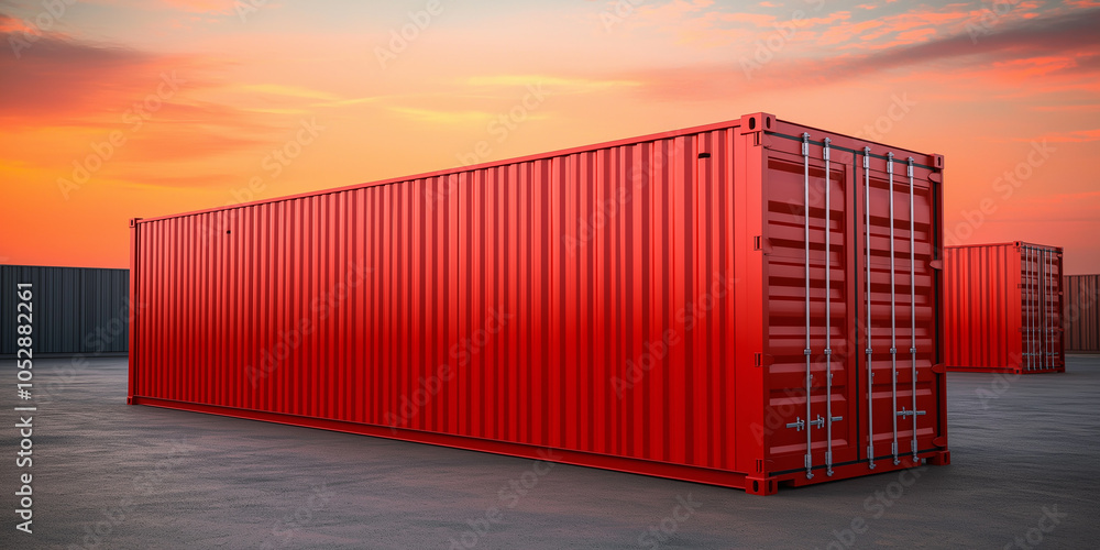 © Andres Mejia - Red shipping containers sitting in container yard at sunset © Andres Mejia - Red shipping containers sitting in container yard at sunset