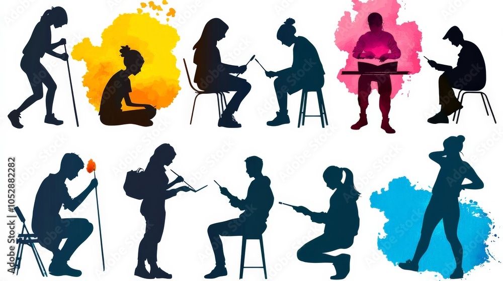 Obraz premium A collage of silhouettes of creative people painting, writing, and crafting, isolated on white background