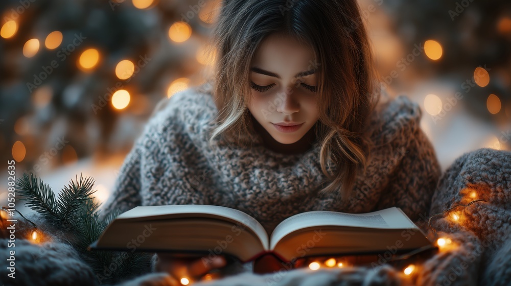 A girl around 10 years old enjoys a book by warm light, surrounded by festive decorations and a cozy blanket. The scene radiates warmth and invites everyone to embrace reading joyfully. A girl around 10 years old enjoys a book by warm light, surrounded by festive decorations and a cozy blanket. The scene radiates warmth and invites everyone to embrace reading joyfully.