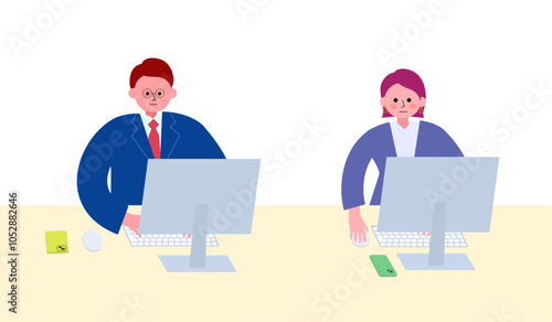オフィスでスーツを着た男女がPCで仕事に集中しているイラスト