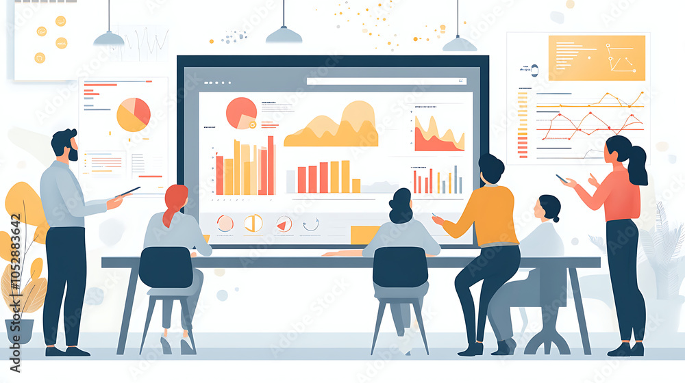 A group of people are gathered around a large monitor displaying graphs A group of people are gathered around a large monitor displaying graphs
