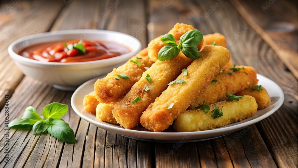 Plate of mozzarella sticks with marinara sauce from the worm's eye view Plate of mozzarella sticks with marinara sauce from the worm's eye view