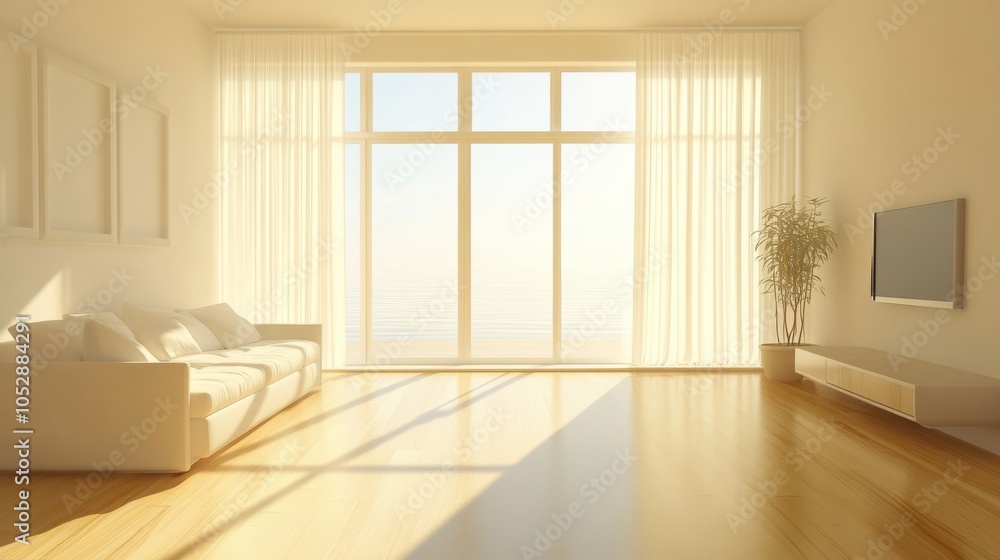 Obraz premium Minimalist interiors, clean living room with simple furniture, neutral tones, large window for natural light, promoting calm and elegance, suitable for stock photography,