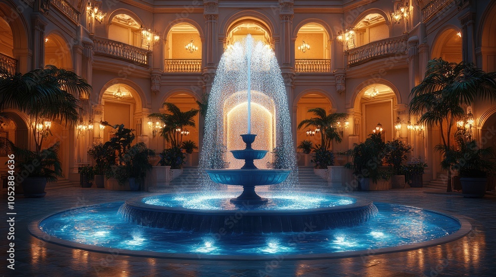 Obraz premium A fountain with cascading water in a grand, illuminated atrium with arches, plants, and a balcony above.