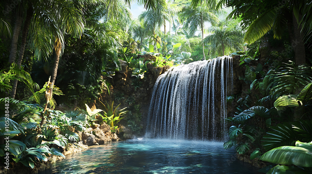 A panoramic view of a waterfall flowing through a tropical rainforest, with exotic plants and wildlife visible in the background A panoramic view of a waterfall flowing through a tropical rainforest, with exotic plants and wildlife visible in the background