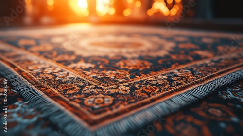 Close-up of an intricately designed prayer mat, with realistic texture details and a dramatic soft-focus bokeh effect in the background photo