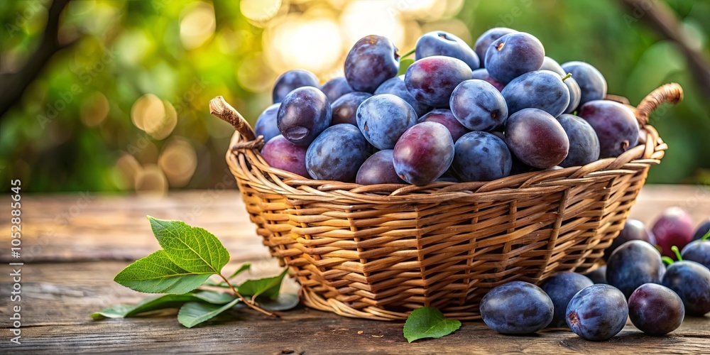 A basket overflowing with plump, ripe plums rests on a weathered wooden table, surrounded by verdant foliage, creating a scene of bountiful harvest and rustic charm. A basket overflowing with plump, ripe plums rests on a weathered wooden table, surrounded by verdant foliage, creating a scene of bountiful harvest and rustic charm.
