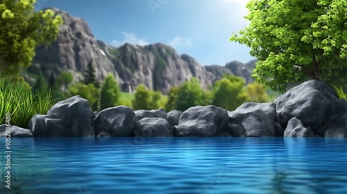 Serene Water, Blue Sky, White Rocks, Lush Greenery photo