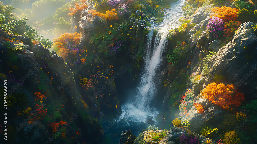 An aerial view of a majestic waterfall flowing over steep rock formations, surrounded by colorful wildflowers and dense vegetation An aerial view of a majestic waterfall flowing over steep rock formations, surrounded by colorful wildflowers and dense vegetation