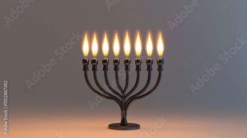 Menorah Lit with Single Candle on Matte White Background Casting a Simple Glow for a Minimal Hanukkah Scene