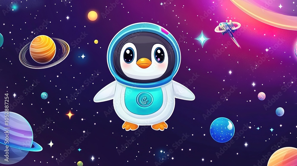 Fototapeta premium Adorable Cartoon-Style Penguin Wearing a Futuristic Astronaut Suit, Excitedly Floating in Space with a Tiny Rocket Ship in the Background, Surrounded by Colorful Planets, Glowing Stars, 