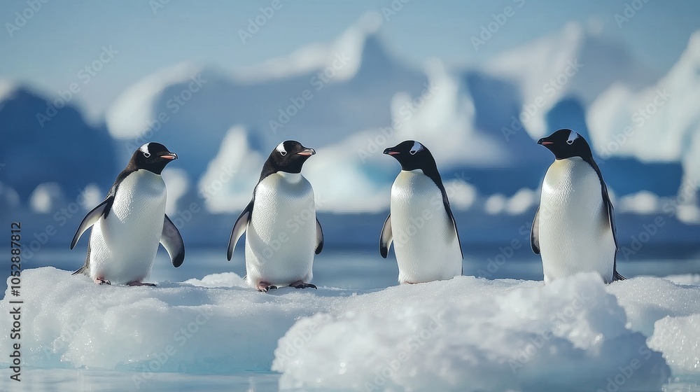 Fototapeta premium Antarctica Day Celebration with Penguins on Ice, Floating Icebergs Under Clear Sky, Perfect Minimalistic Background for Text and Branding, Showcasing the Beauty of the Antarctic Landscape
