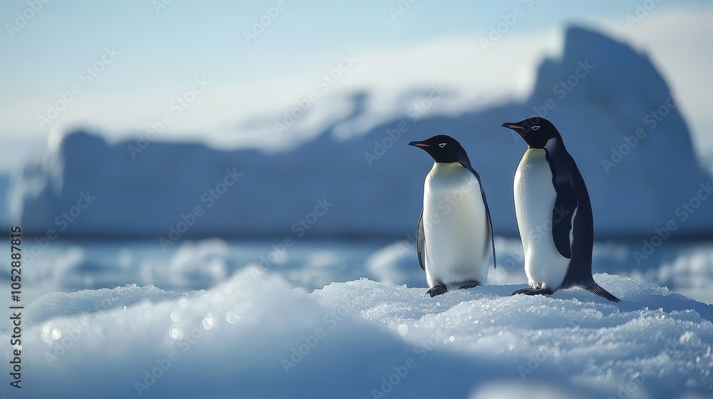 Obraz premium Antarctica Day Celebration with Penguins on Ice, Floating Icebergs Under Clear Sky, Perfect Minimalistic Background for Text and Branding, Showcasing the Beauty of the Antarctic Landscape