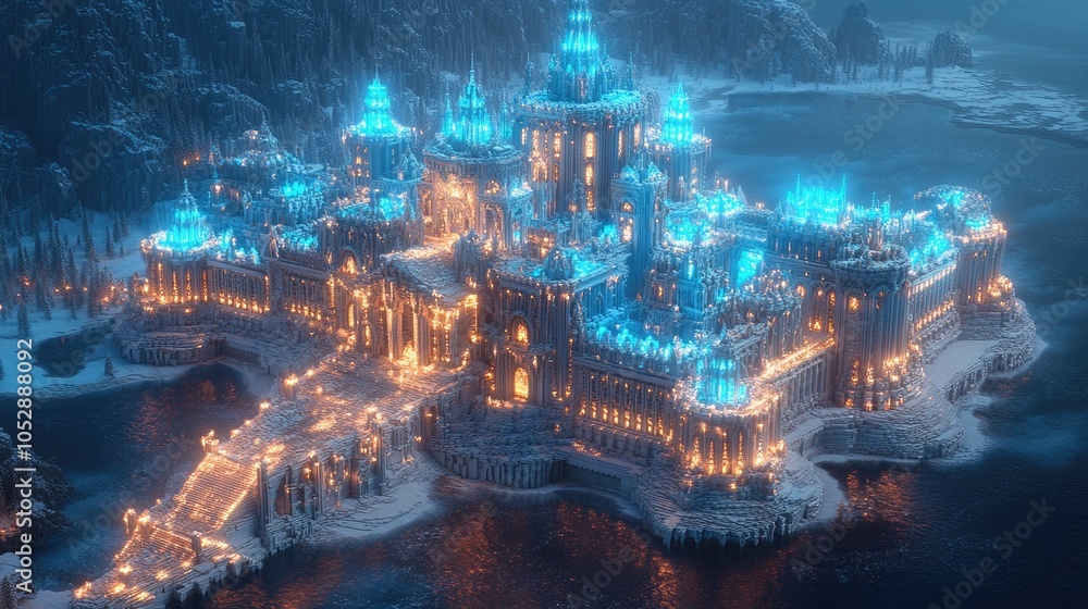 Fototapeta premium A majestic, snow-covered castle sits on a frozen lake, illuminated by warm and blue lights.