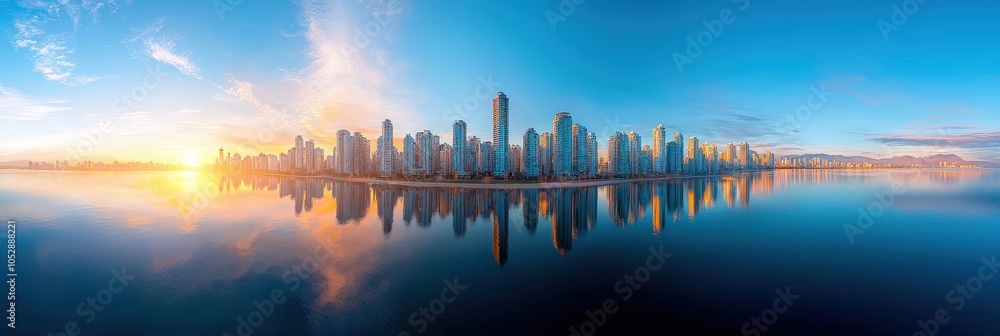 Obraz premium Waterfront city skyline reflection Panorama Realistic photograph