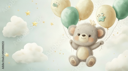 Watercolor Illustration of a Cute Koala Holding Green and Beige Balloons, Floating Among Clouds and Stars on a White Background, Ideal for Nursery Art and Children's Decor