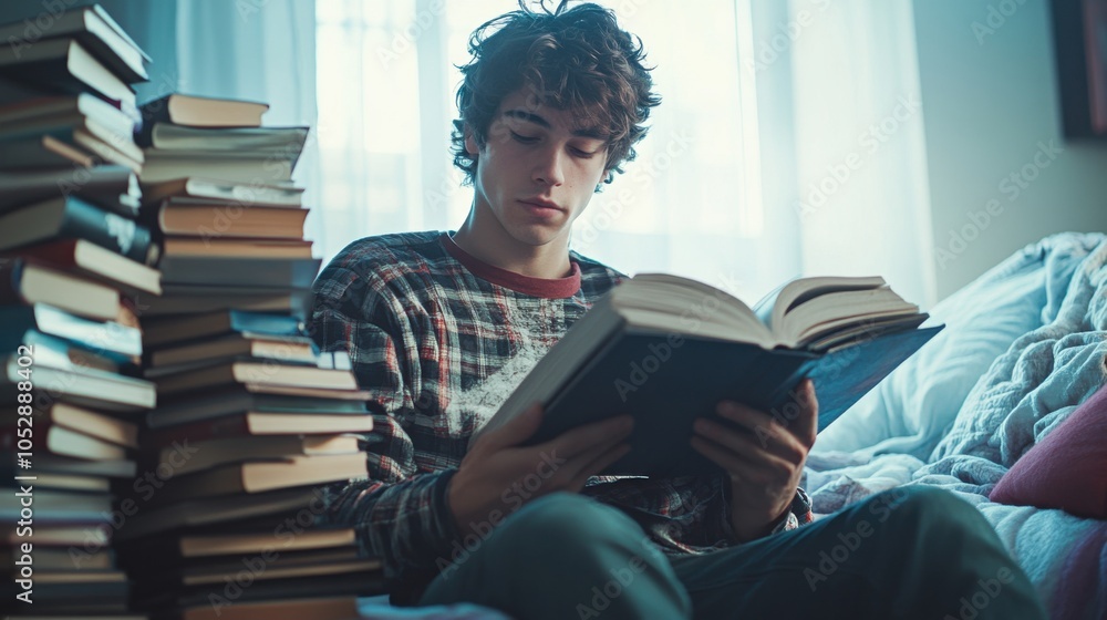 Reading challenge participant sitting with a stack of books, holding one in hand, determined expression, bright room setting, ideal for stock use, Reading challenge participant sitting with a stack of books, holding one in hand, determined expression, bright room setting, ideal for stock use,