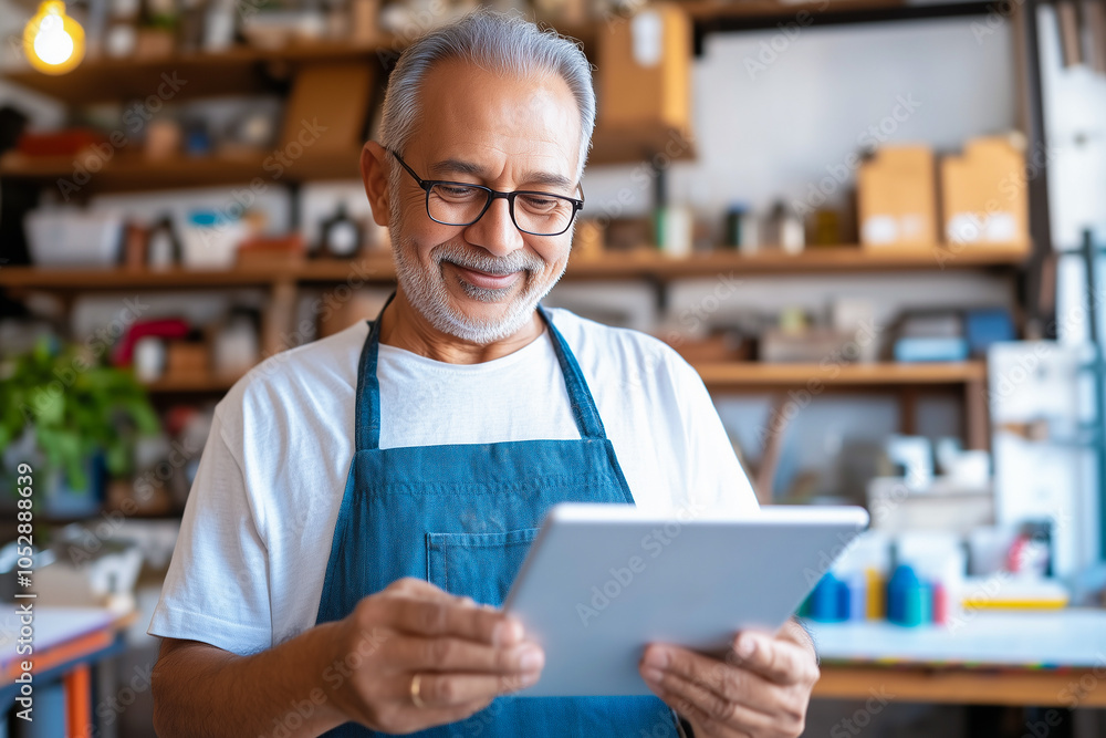 Fototapeta premium Elderly South Asian man learning woodworking in a studio, promoting lifelong learning and creativity