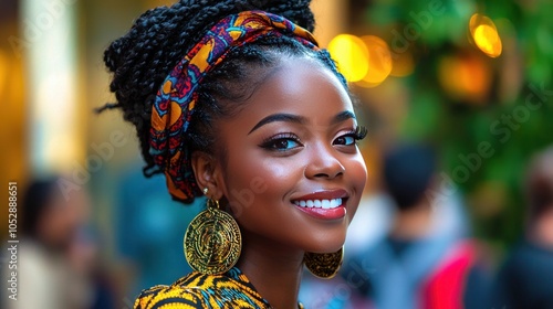 Close up portrait of smiling Black woman wearing a headscarf
