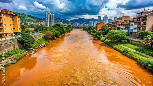 Polluted river in Medellin with polluted sky photo