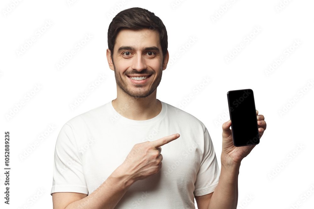 Young smiling man holding blank phone with empty black screen, pionting to display with finger Young smiling man holding blank phone with empty black screen, pionting to display with finger
