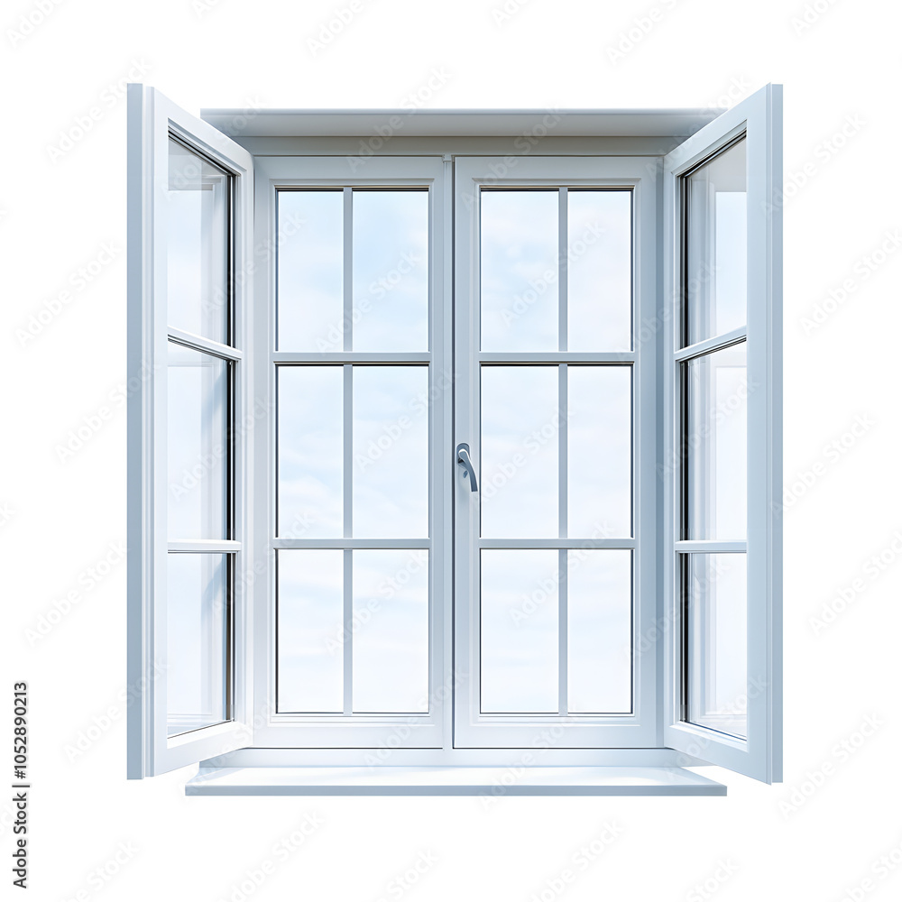 A white window with a view of the sky and clouds. The window is open and the panes are divided. A white window with a view of the sky and clouds. The window is open and the panes are divided.