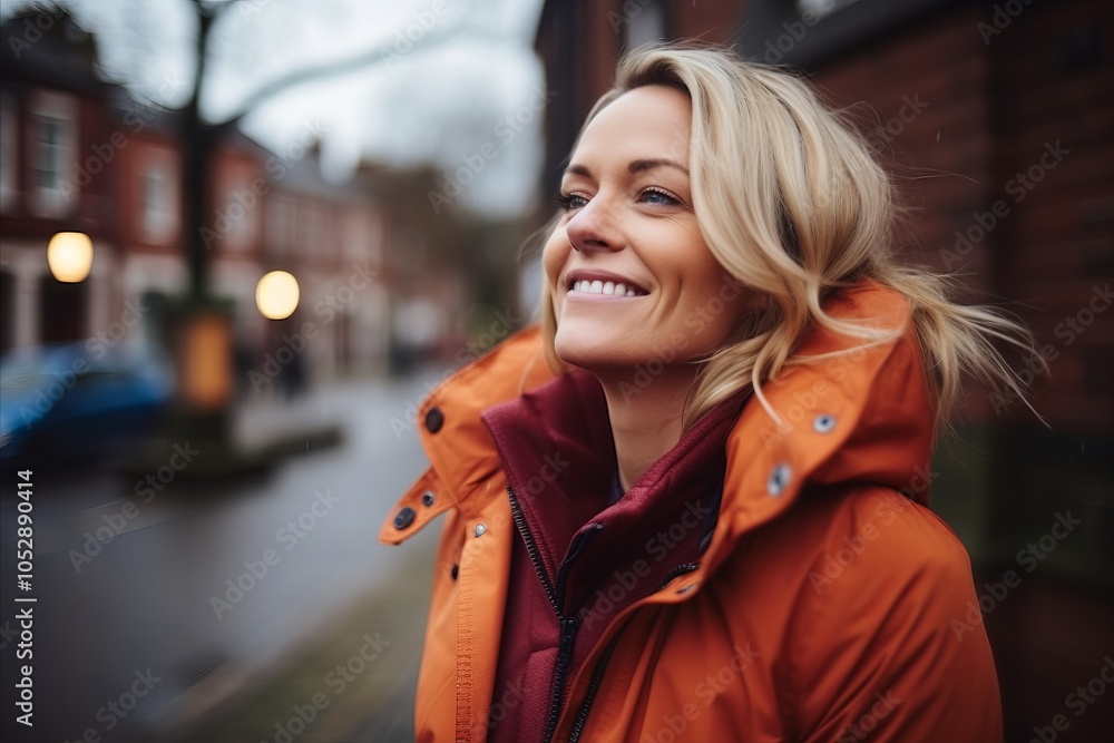 Portrait of a happy young woman in an orange coat walking in the city Portrait of a happy young woman in an orange coat walking in the city