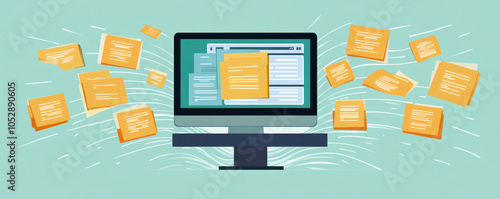 A computer monitor with a lot of papers on it. The papers are scattered all over the screen