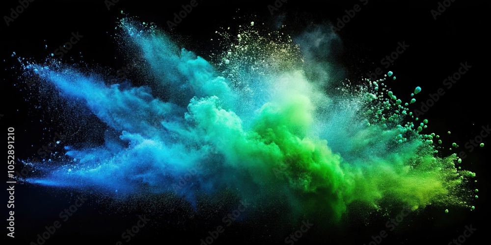 Obraz premium Powder explosion photography with green and blue powder at a tilted angle