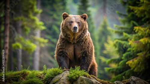 Powerful brown bear standing tall in forest